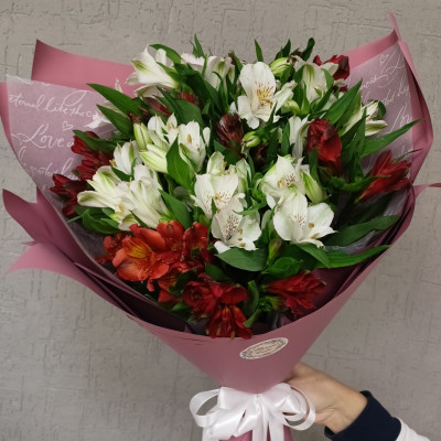 Букет из 15 белых и красных альстромерий